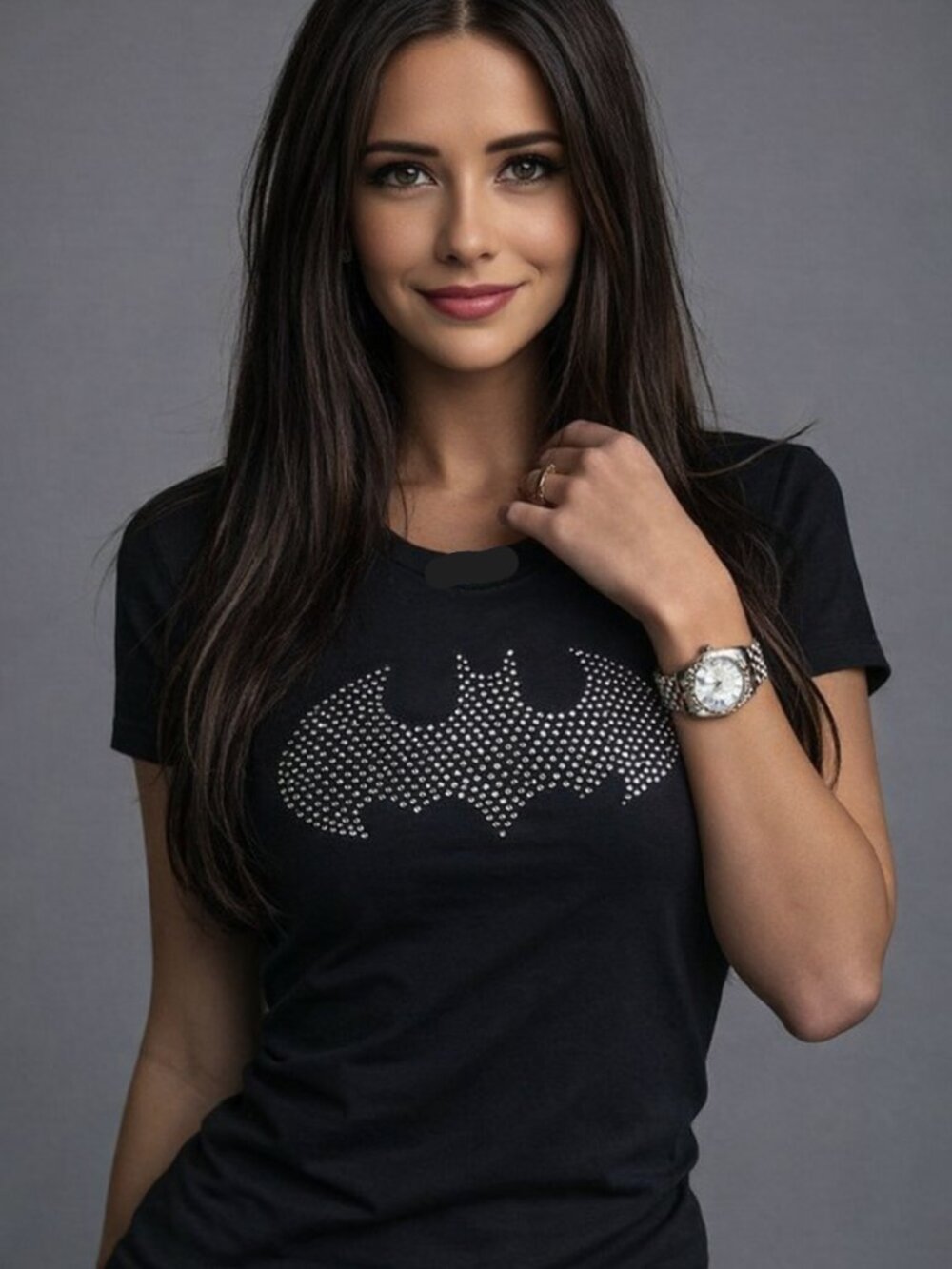 Batman t-shirt, with logo in shiny crystal like studs on front, 60% cotton